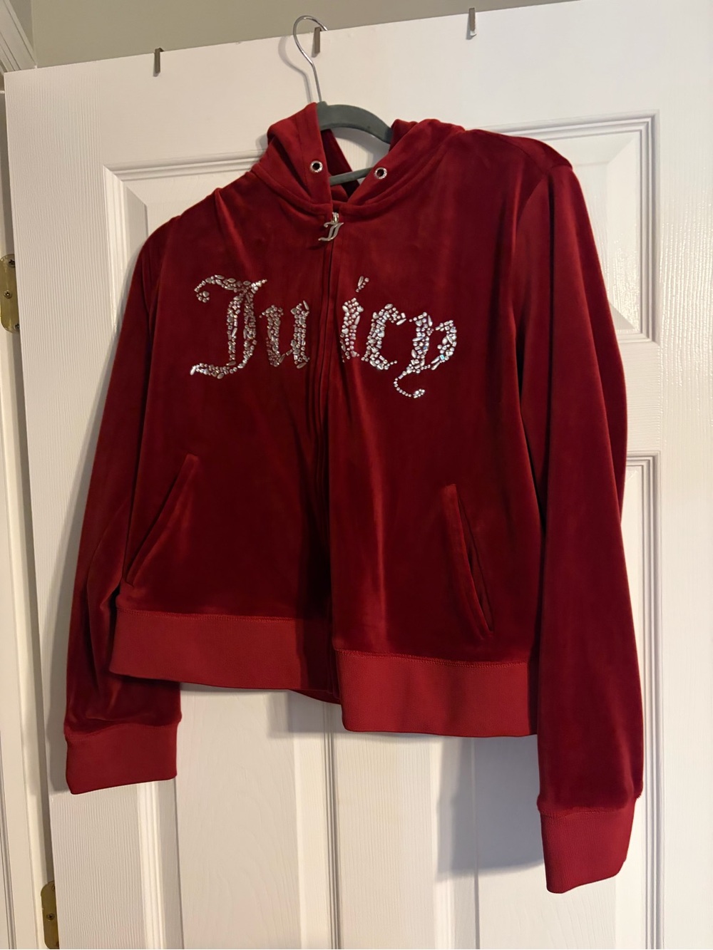 Juicy Couture Ruby Red Velour Hooded Jacket with Rhinestone 'Juicy' Logo